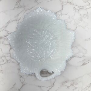 Vintage Fenton Milk Glass Leaf Serving Dish Handle 50s Art Glass Serving Platter
